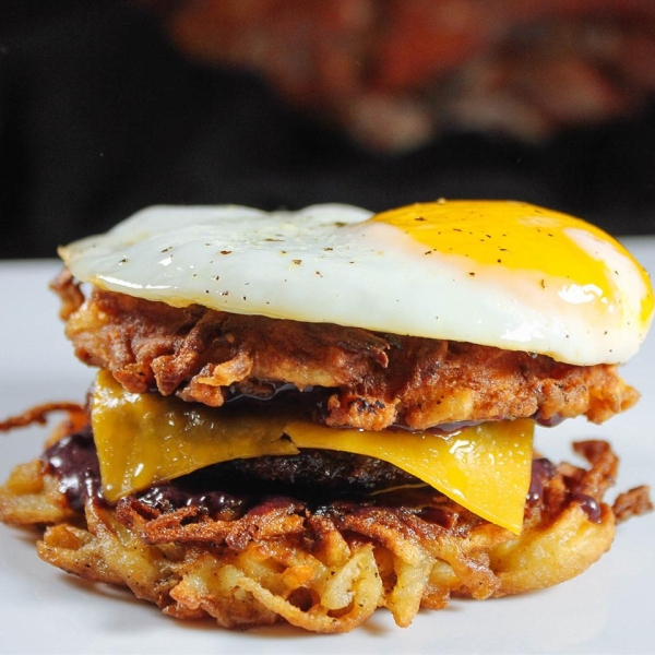Latkes Breakfast Sandwiches with Blackberry-Yogurt Spread