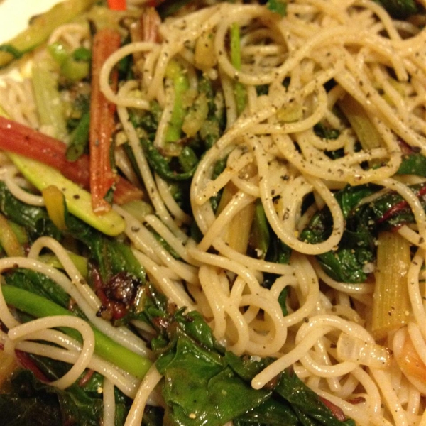 Chard Stalks and Garlic Scape Pasta