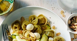 Spinach Cheese Tortellini with Zucchini, Mozzarella and Toasted Almonds