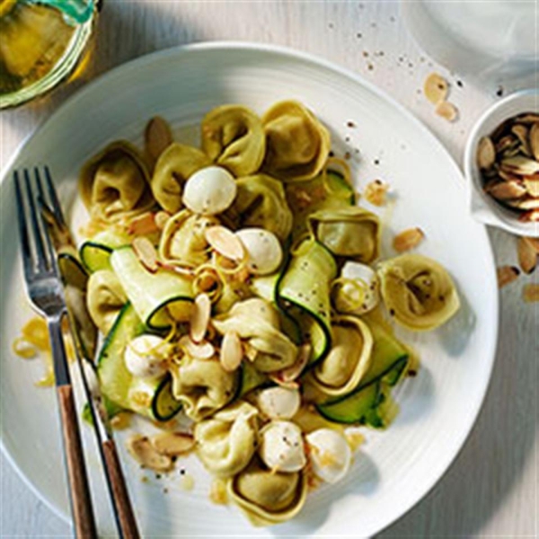 Spinach Cheese Tortellini with Zucchini, Mozzarella and Toasted Almonds