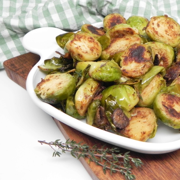 Pan-Fried Brussels Sprouts and Mushrooms with Thyme