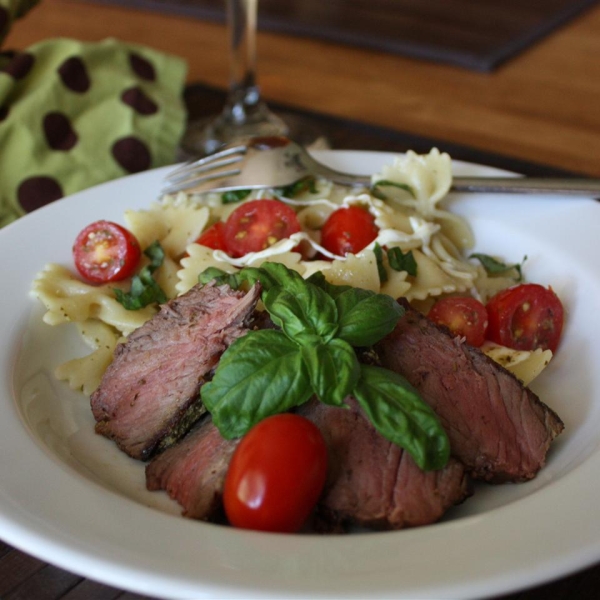 Caprese Bison Sirloin Steak with Bow Tie Pasta
