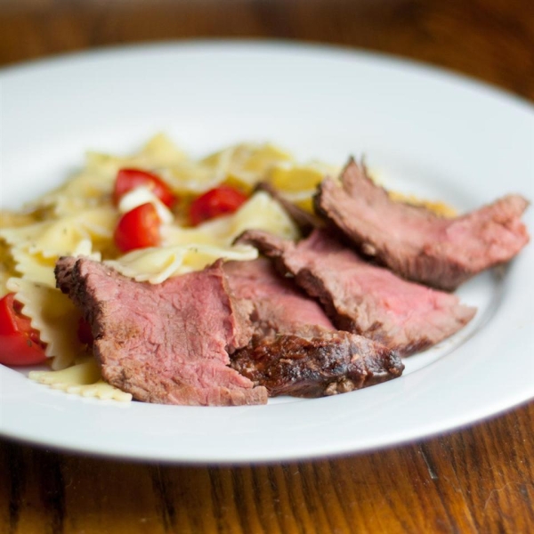 Caprese Bison Sirloin Steak with Bow Tie Pasta