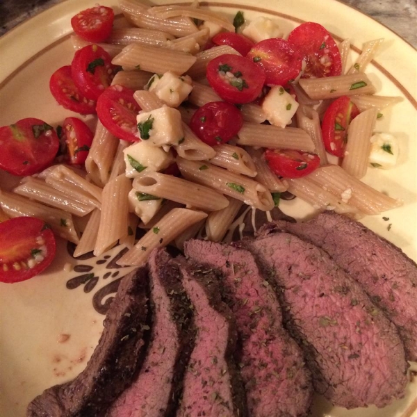 Caprese Bison Sirloin Steak with Bow Tie Pasta