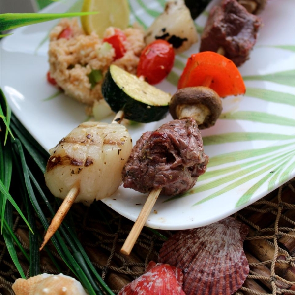 Sea-and-Shore Bison Kabobs with Mediterranean Couscous Salad