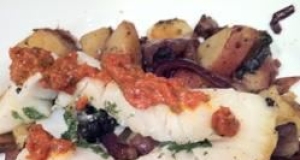 Slashed Sea Bass with Red Onions, Mushrooms, and New Potatoes