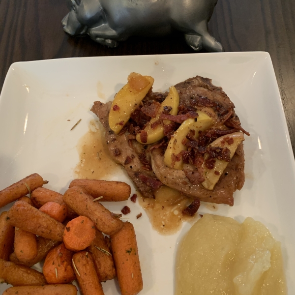 Pan Seared Pork Chops Topped with Brown Sugar Glazed Apples and Bacon