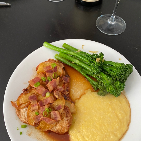 Pan Seared Pork Chops Topped with Brown Sugar Glazed Apples and Bacon