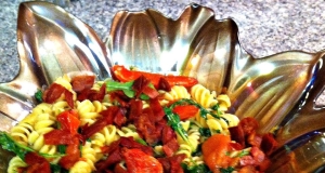 Gluten Free Rotini with Crispy Prosciutto, Pesto & Arugula