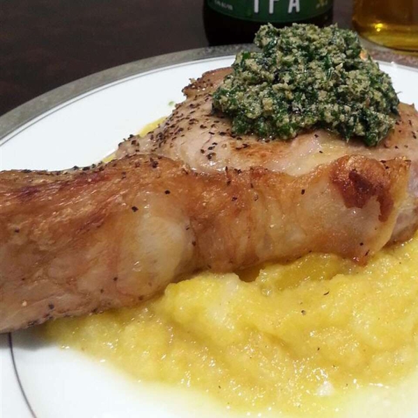 Pan-Seared Veal Chop with Roasted Kale Pesto and Butternut Squash and Parsnip Pu