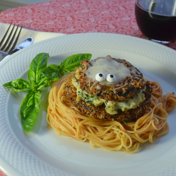 Panko and Beer Battered Eggplant Parmesan Stacks