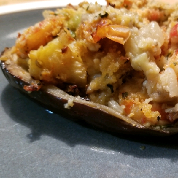 Stuffed Eggplant with Shrimp and Basil