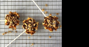 Mini Waffle Pops with Dark Chocolate, Roasted Peanuts, and Flaked Salt