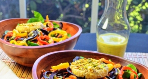 Roasted Sweet Potato and Beet Noodle Salad with Goat Cheese Medallions and Pista