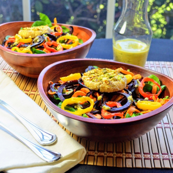Roasted Sweet Potato and Beet Noodle Salad with Goat Cheese Medallions and Pista