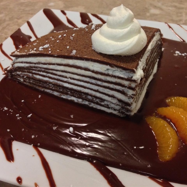 Chocolate Crepe Cake with Salted Chocolate Orange Sauce