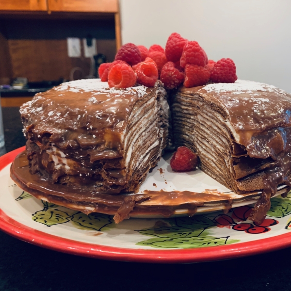 Chocolate Crepe Cake with Salted Chocolate Orange Sauce