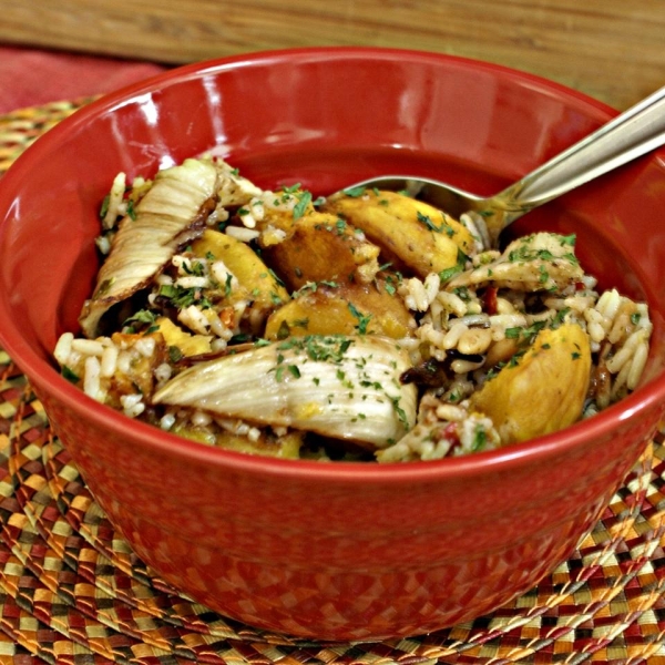 Balsamic Roasted Fennel and Acorn Squash Rice Casserole