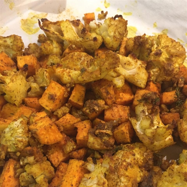 Roasted Curry-Spiced Sweet Potatoes and Cauliflower
