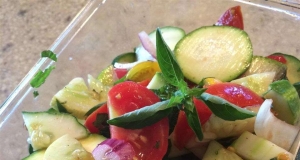 Cucumber Tomato Salad with Zucchini and Black Olives in Lemon Balsamic Vinaigret
