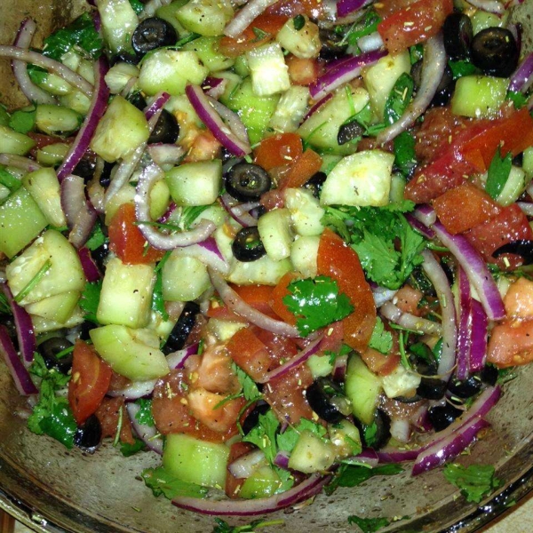 Cucumber Tomato Salad with Zucchini and Black Olives in Lemon Balsamic Vinaigret
