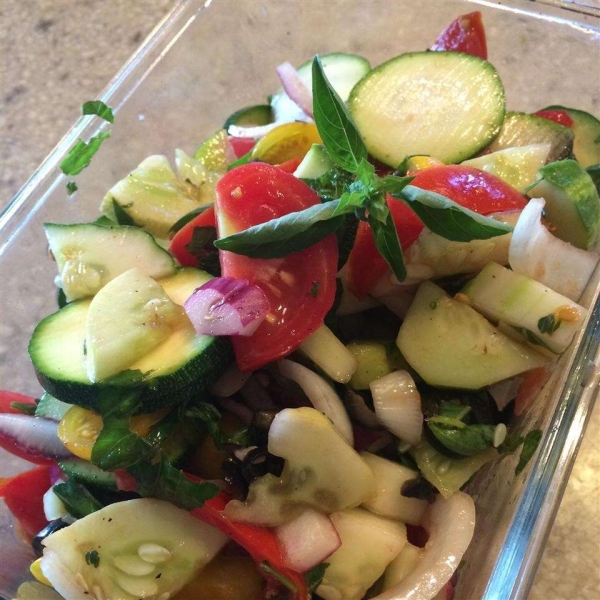 Cucumber Tomato Salad with Zucchini and Black Olives in Lemon Balsamic Vinaigret