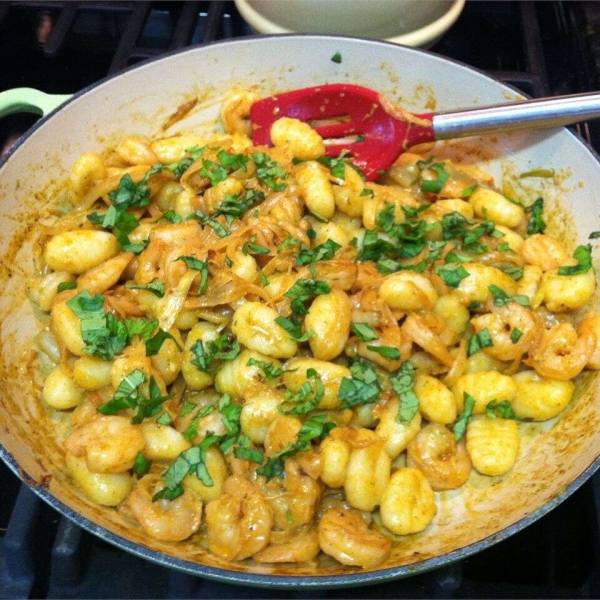 Creamy Saffron Shrimp with Gnocchi and Caramelized Onion