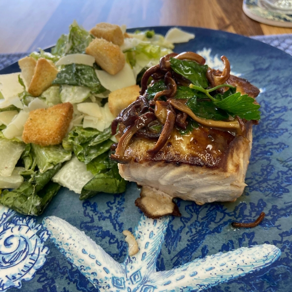 Pan-Roasted Halibut with Clamshell Mushrooms and Lemon Butter Sauce