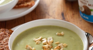Roasted Garlic Avocado Soup with Herbed Yogurt Crackers