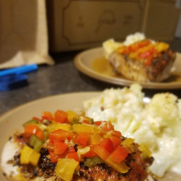 Peppercorn Pork Chops with Warm Pickled Pepper Relish