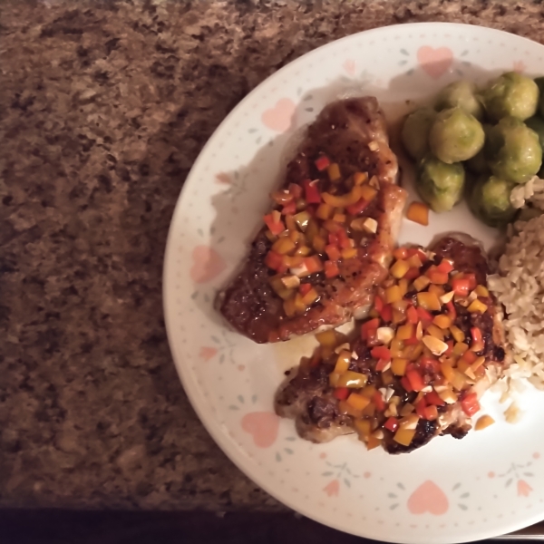 Peppercorn Pork Chops with Warm Pickled Pepper Relish