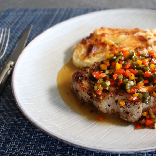 Peppercorn Pork Chops with Warm Pickled Pepper Relish