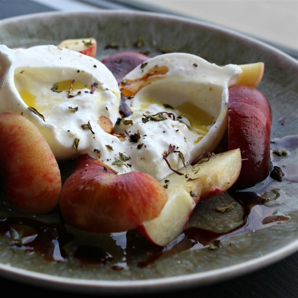 Peaches with Burrata, Basil, and Raspberry Balsamic Syrup
