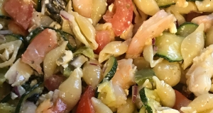 Greek Pasta Salad with Shrimp, Tomatoes, Zucchini, Peppers, and Feta
