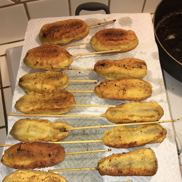 Breakfast Sausage Corn Dogs with Spiced Maple Syrup Dip