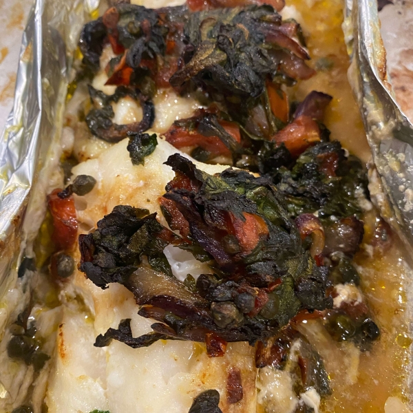 Grilled Cod with Spinach and Tomatoes