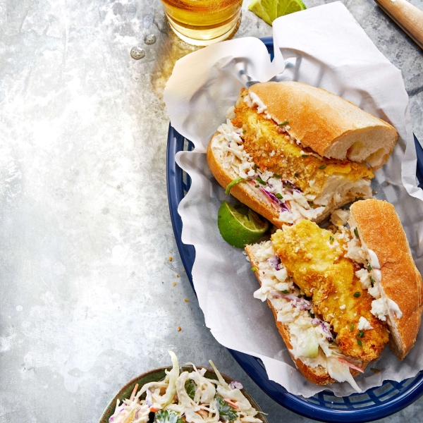 Air-Fried Crispy Fish Po' Boys with Chipotle Slaw