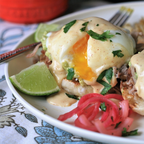 Carnitas Eggs Benedict with Chipotle Hollandaise
