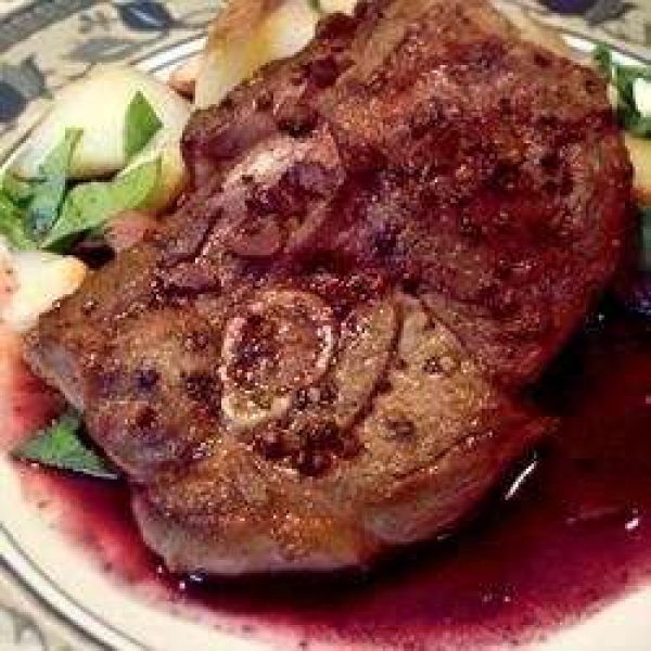 Cumin Lamb Steaks with Smashed Potatoes, Wilted Spinach and Red Wine Sauce
