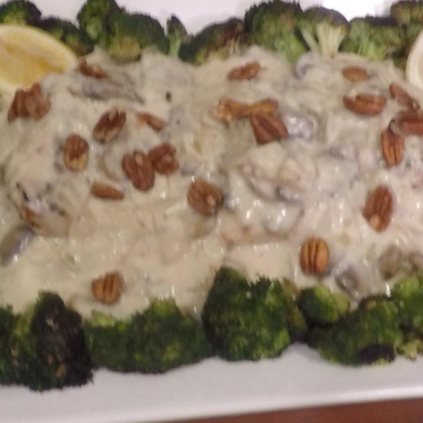 Pan-Seared Cod, Broccoli, and Mushrooms with Creamy Alfredo Sauce