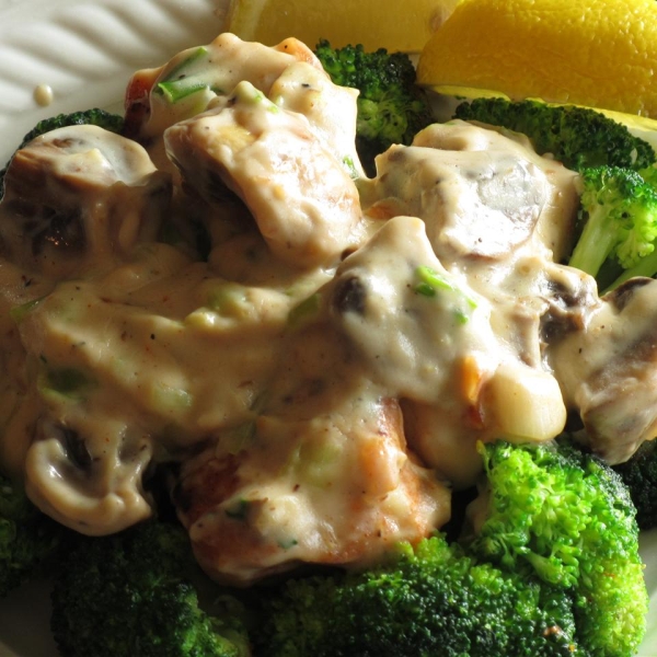 Pan-Seared Cod, Broccoli, and Mushrooms with Creamy Alfredo Sauce