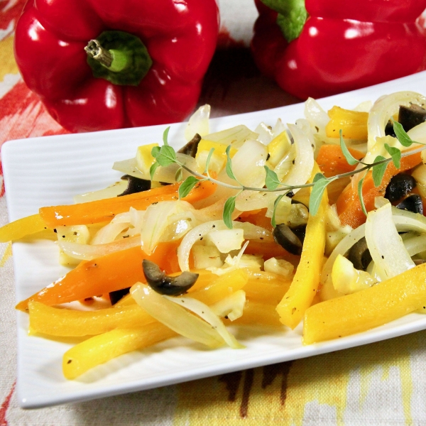 Sauteed Bell Peppers and Onion with Olives and Meyer Lemon