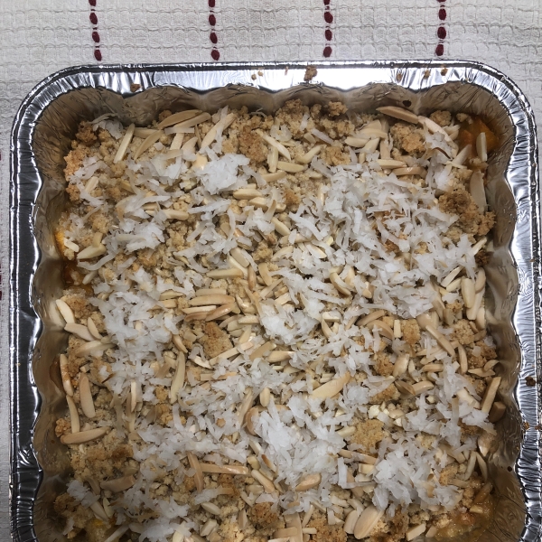 Paleo Peach Crisp with Coconut and Slivered Almonds