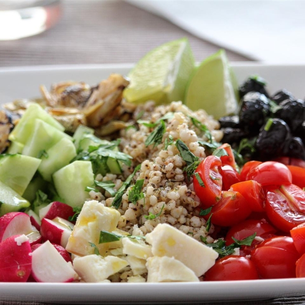 Greek Sorghum Bowl with Artichokes and Olives