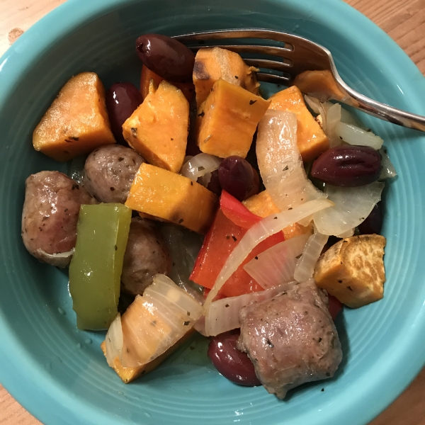 Italian Sausages with Roasted Sweet Potatoes and Sweet Peppers