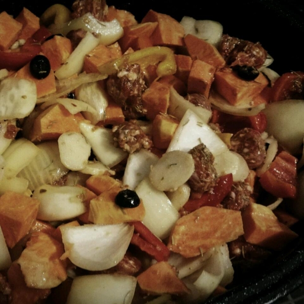 Italian Sausages with Roasted Sweet Potatoes and Sweet Peppers