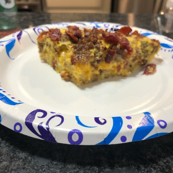 Cheesy Bacon-Sausage-Egg-Hash Brown Skillet
