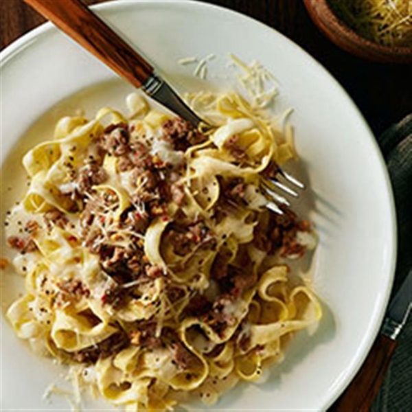 Fettuccine and Sweet Italian Sausage with Light Alfredo Sauce