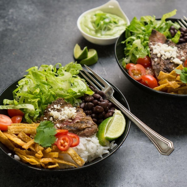 Tex-Mex Beef Bowl with Avocado Cilantro Dressing