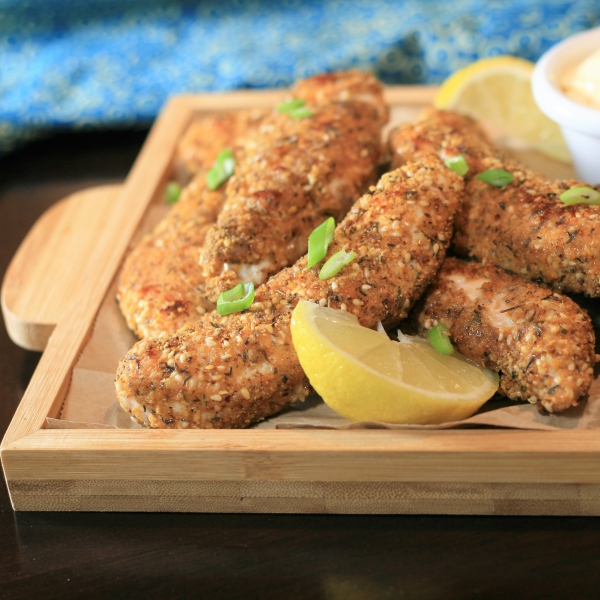 Dukkah-Crusted Chicken Tenders with Lemon-Saffron Aioli